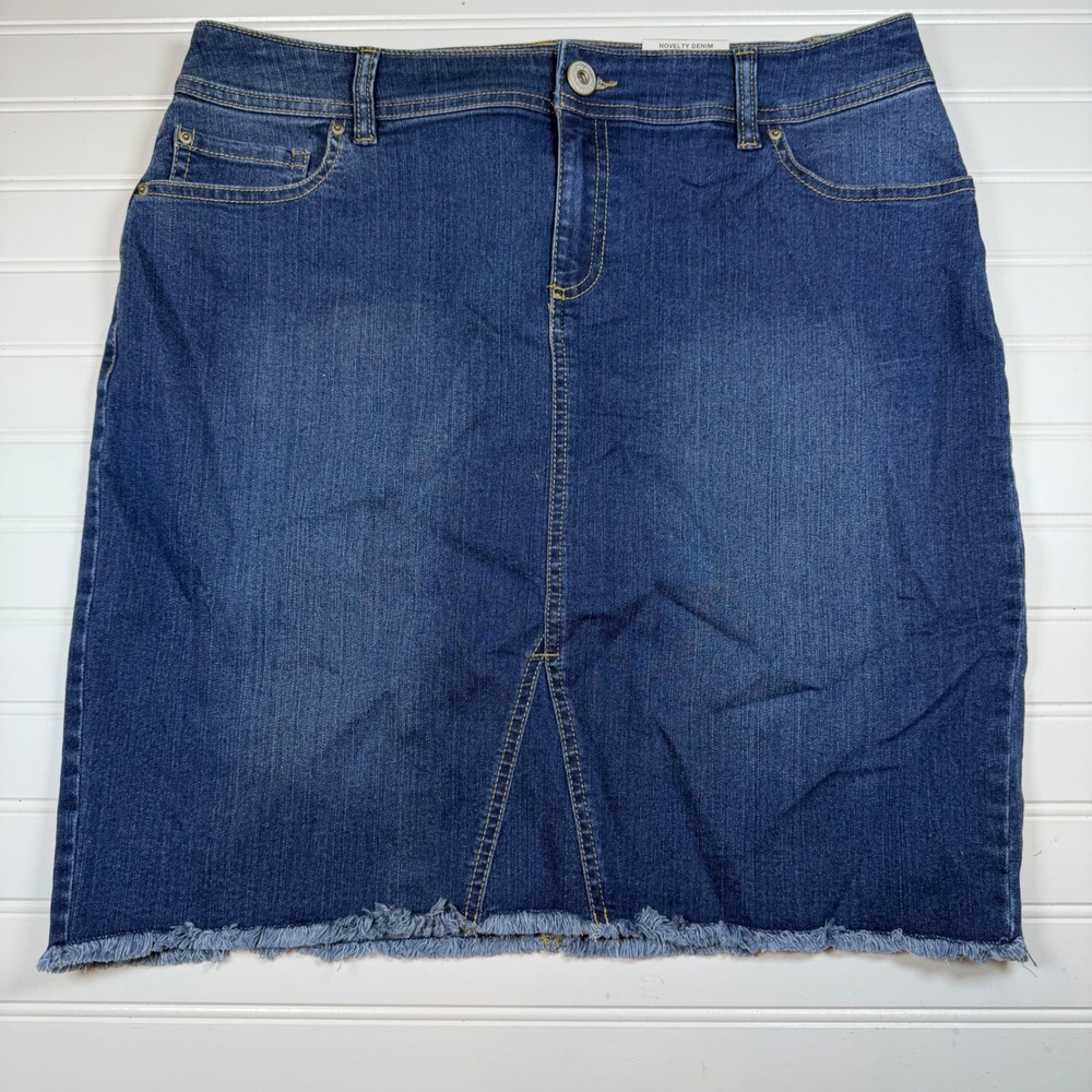 INC International Concepts Denim Skirt 12P‎ Blue Mid Rise Raw Hem Petite NEW